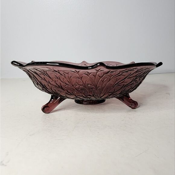 Vintage Fenton Etched Large Three-Footed Purple Glass Centerpiece Bowl